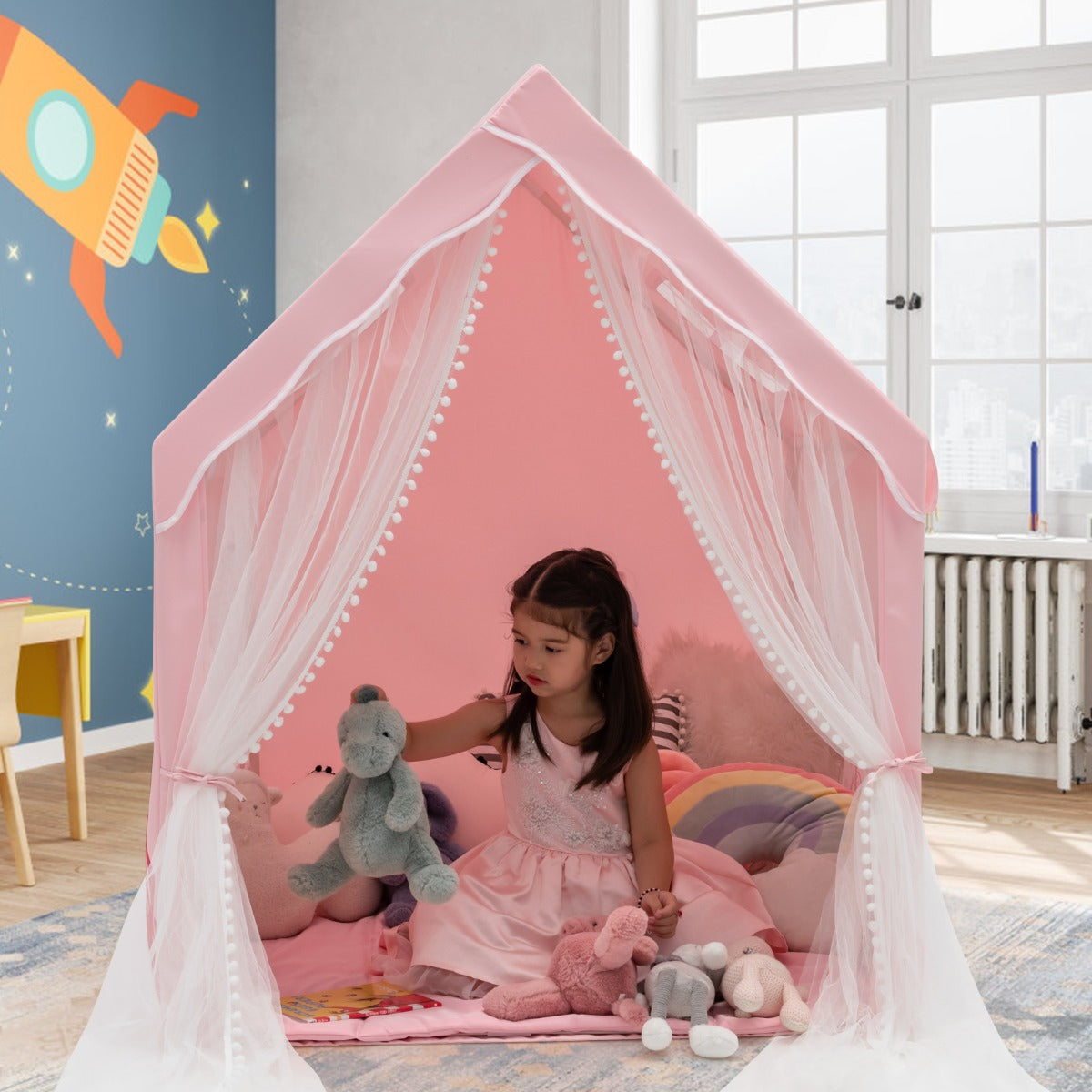 Large Kids Play Tent with Removable Padded Mat & Gauze Door Curtain