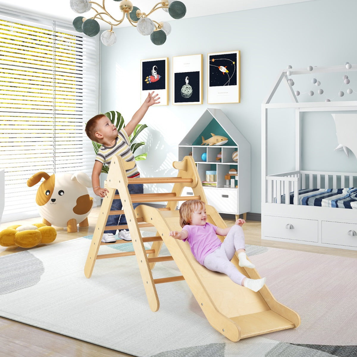 2 in 1 Kids Wooden Climbing Triangle Set with Slide