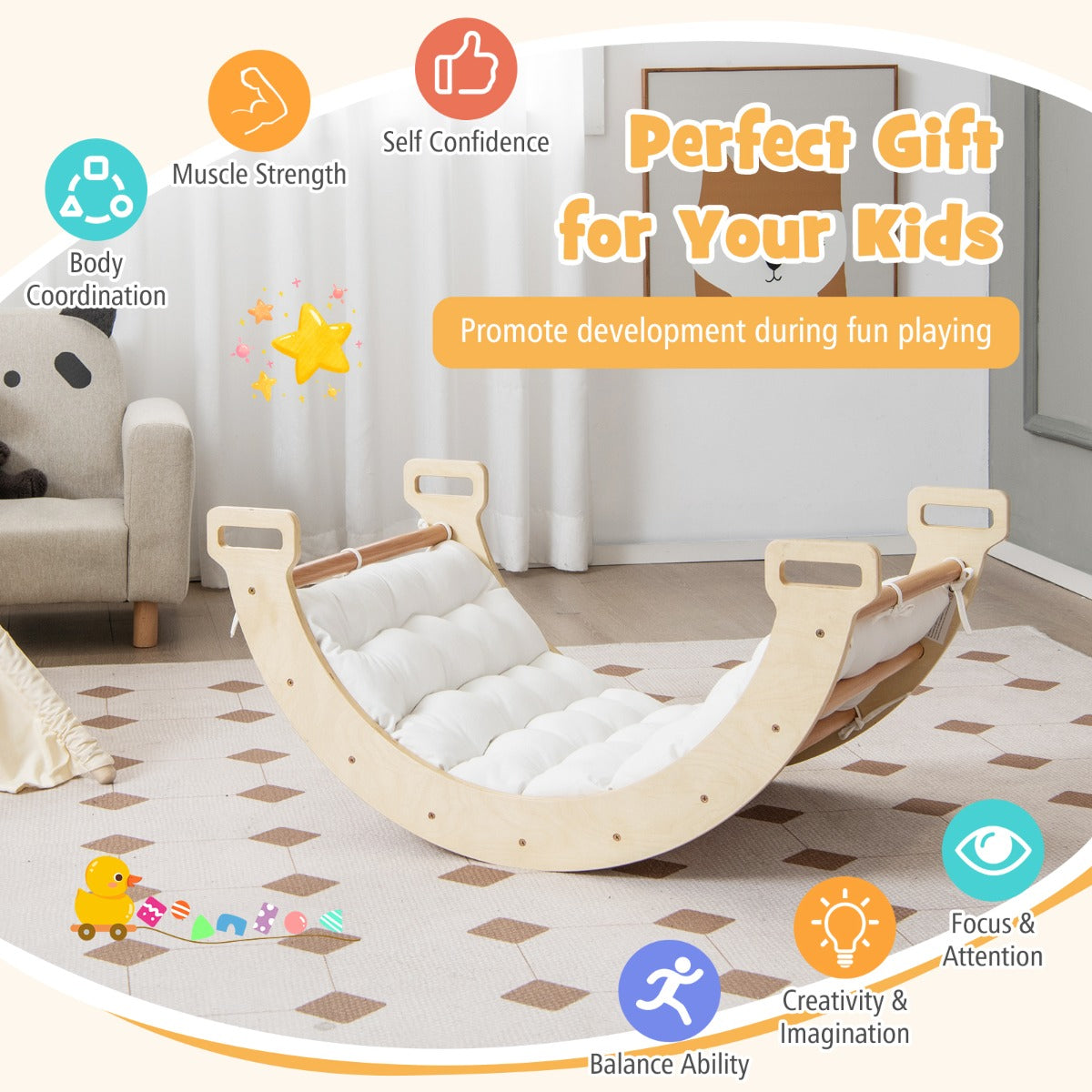 3-in-1 Double-Sided wooden Arch Rocker with Soft Cushion for Kids