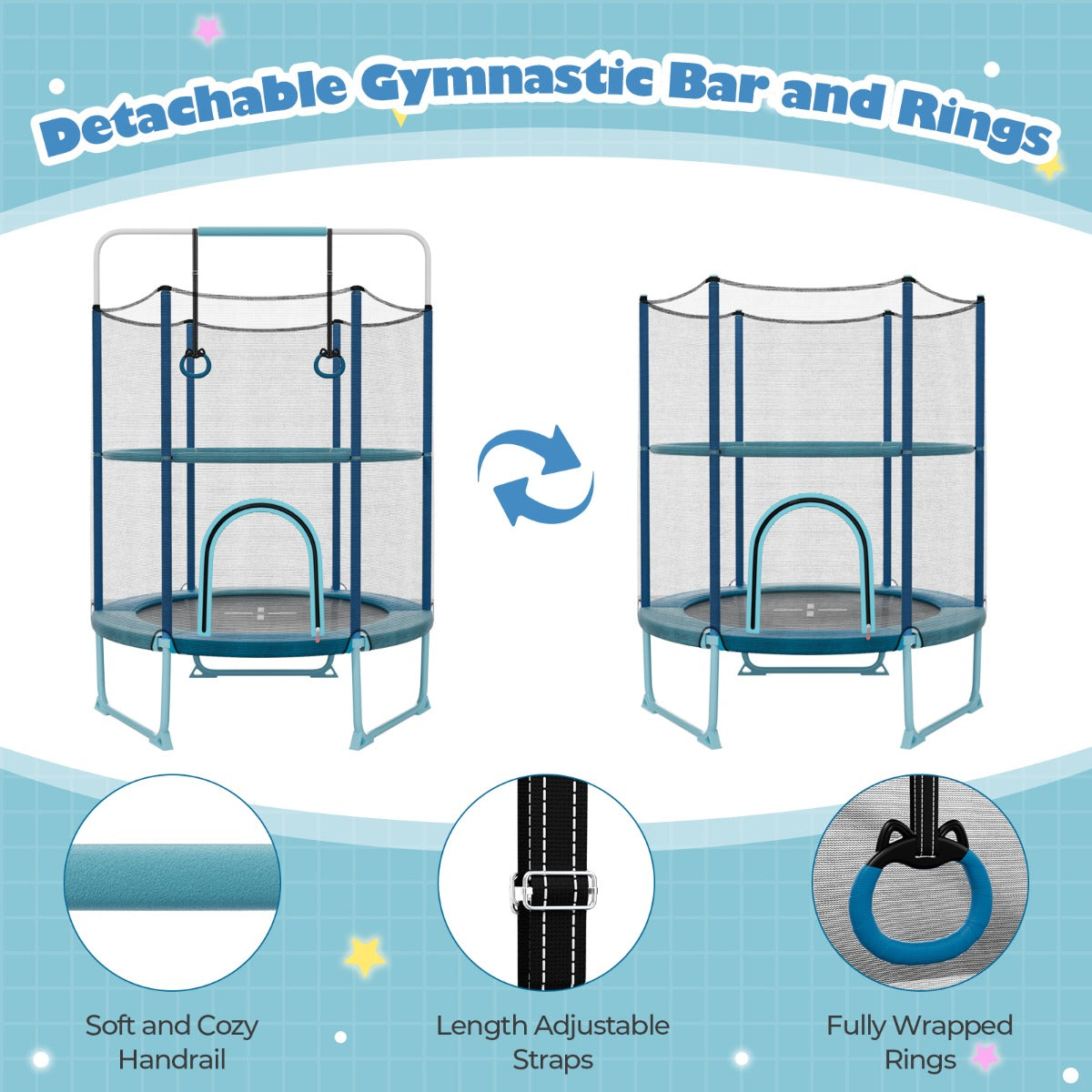 Toddler Trampoline with Gymnastic Bar and Rings