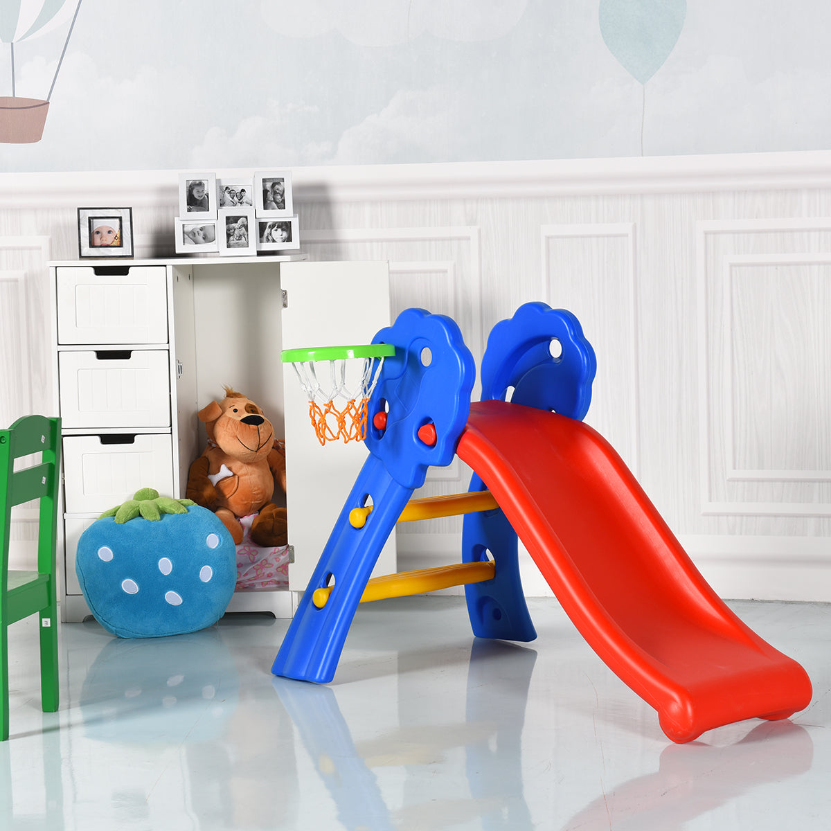 2-in-1 Kids Folding Slide and Climber with Basketball Hoop