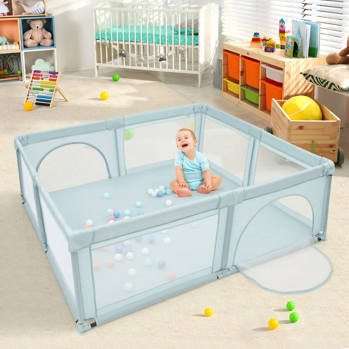 206 x 185.5 x 68 cm Extra Large Baby Playpen with Safety Gates and Mesh Walls