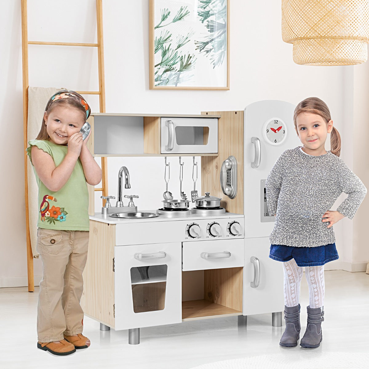Kids Wooden Pretend Cooking Food Playset with Water Dispenser