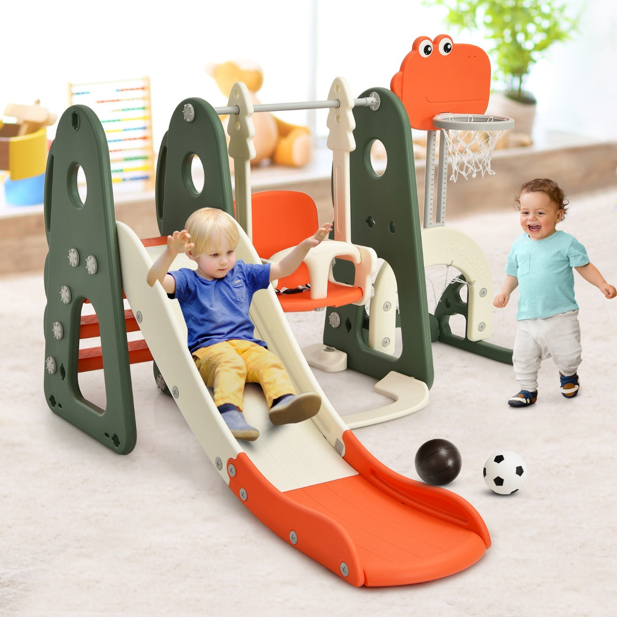 6 in 1 Climber Slide Playset with Basketball Hoop for Kids