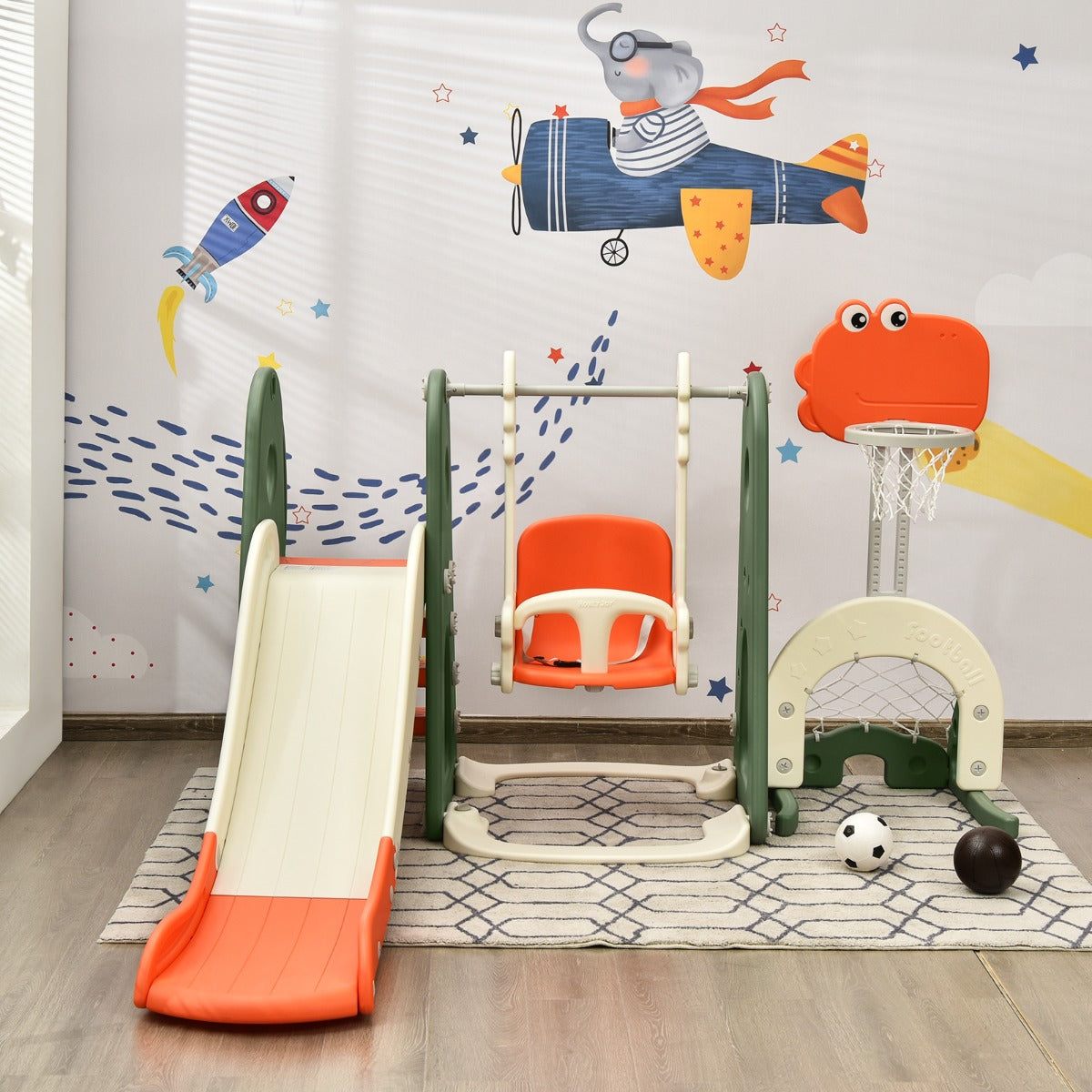 6 in 1 Climber Slide Playset with Basketball Hoop for Kids