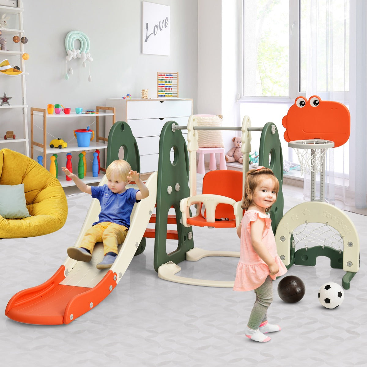 6 in 1 Climber Slide Playset with Basketball Hoop for Kids