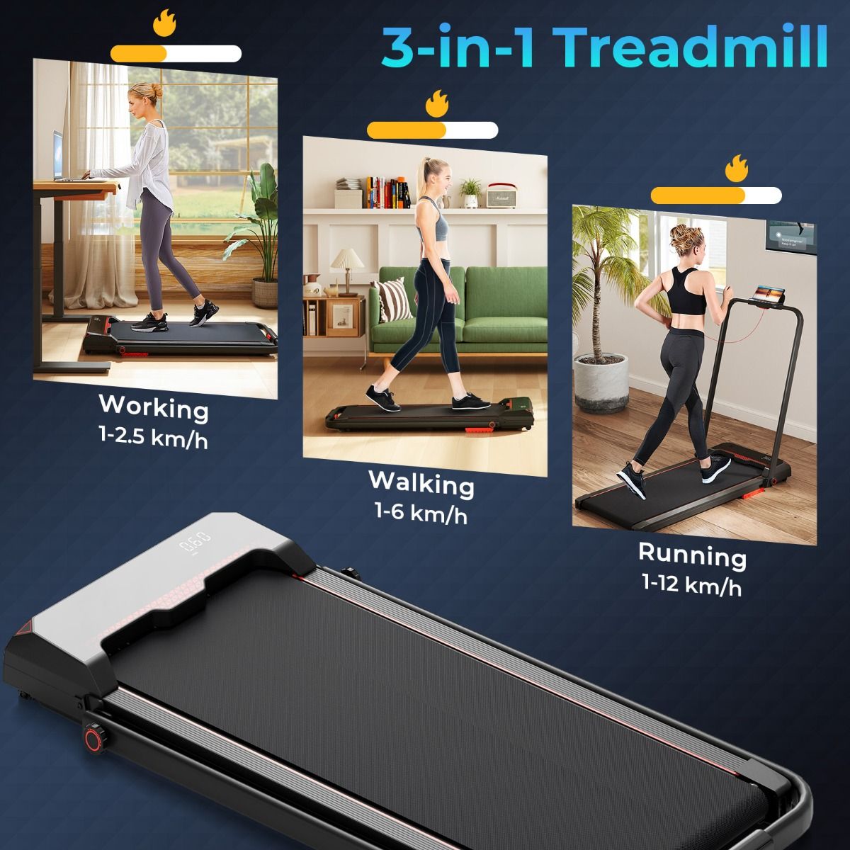 3-in-1 Under Desk Walking Running Machine Treadmill with LED Display