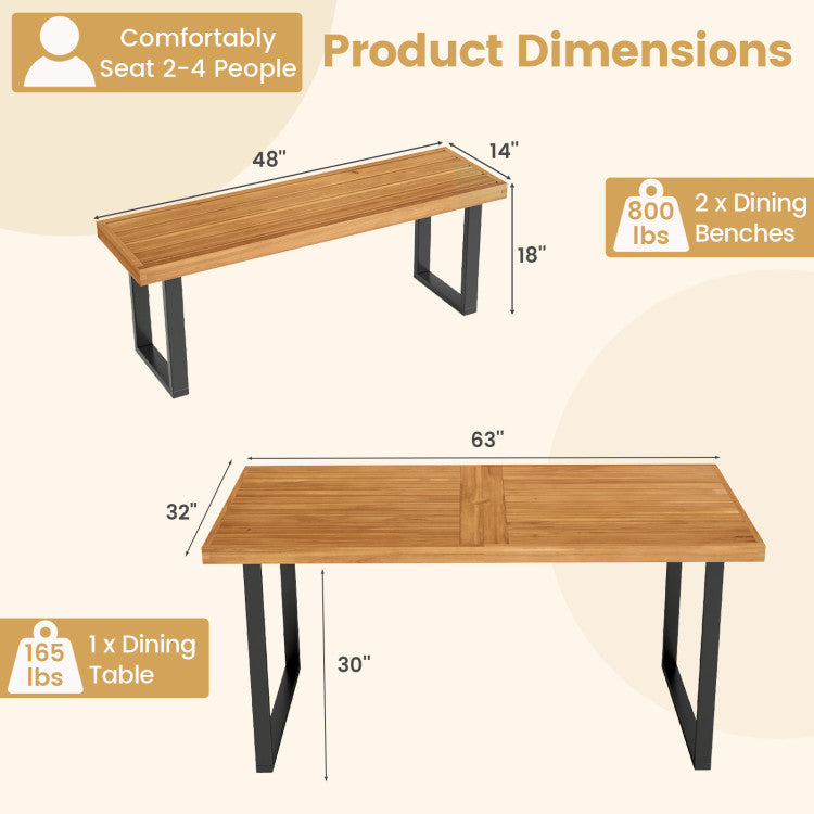 3 Pieces Patio Dining Table Set 63” Rectangle Table and 2 Backless Bench