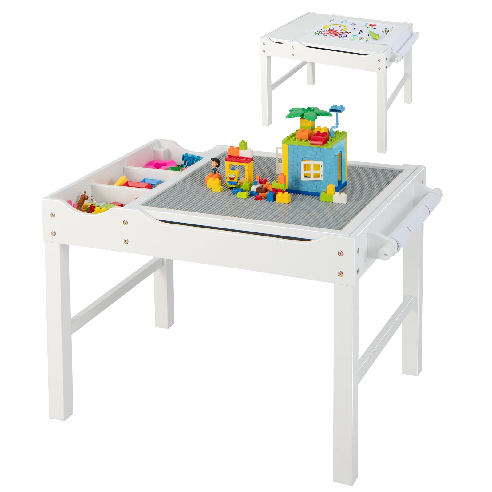 2-in-1 Kids Activity Table Wooden Play Desk w/Reversible Tabletop & Pa