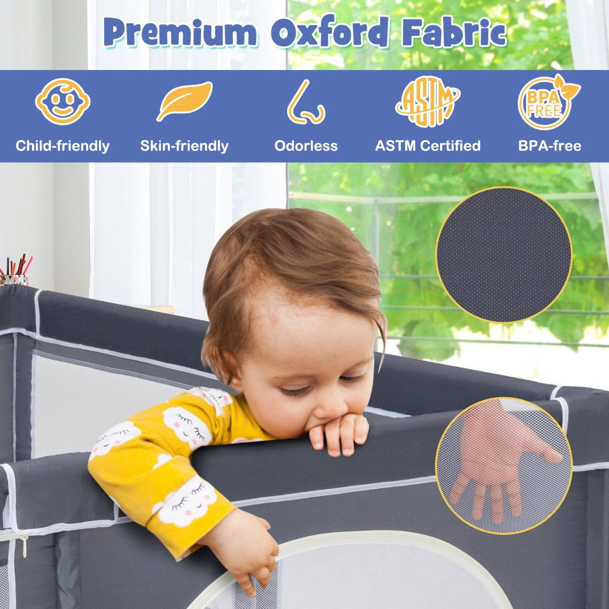 206 x 185.5 x 68 cm Baby Playpen with 50 Pieces Ocean Balls and 4 Handlebars