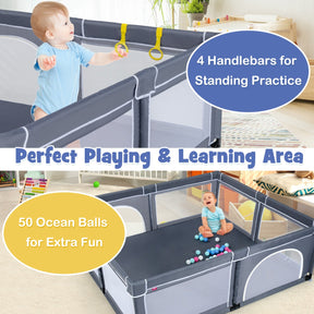 206 x 185.5 x 68 cm Baby Playpen with 50 Pieces Ocean Balls and 4 Handlebars