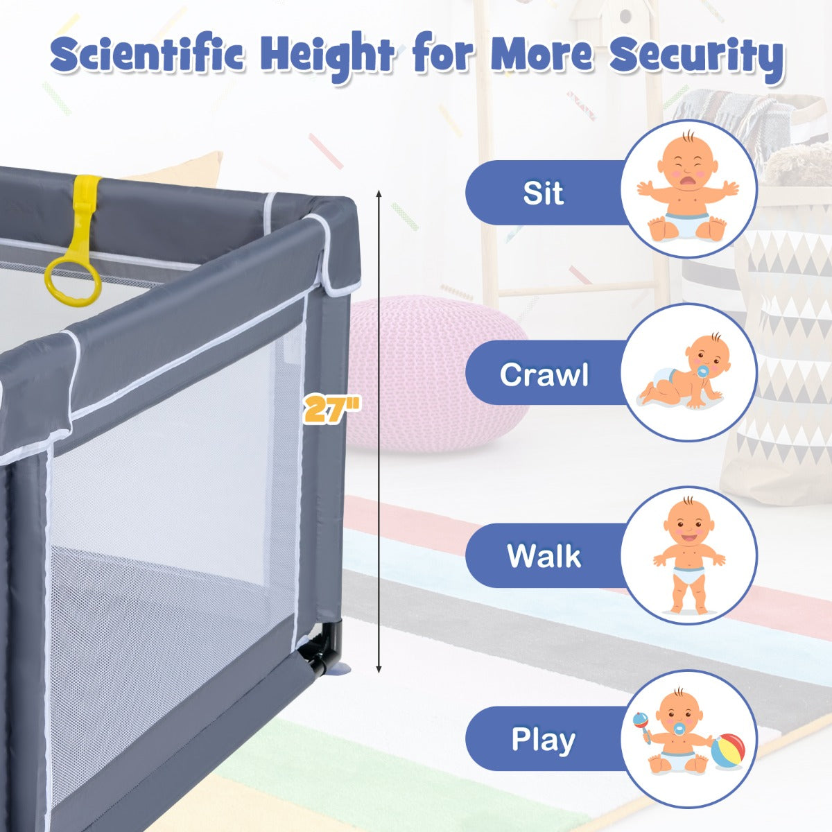 206 x 185.5 x 68 cm Baby Playpen with 50 Pieces Ocean Balls and 4 Handlebars