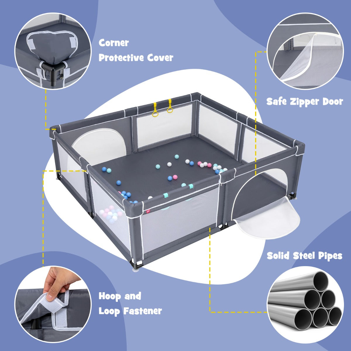 206 x 185.5 x 68 cm Baby Playpen with 50 Pieces Ocean Balls and 4 Handlebars