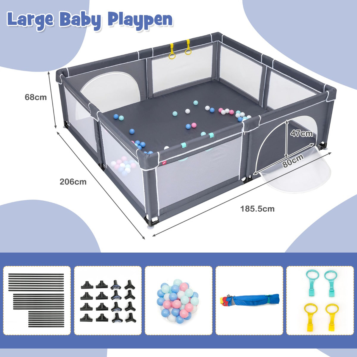 206 x 185.5 x 68 cm Baby Playpen with 50 Pieces Ocean Balls and 4 Handlebars
