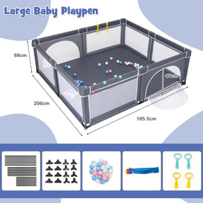 206 x 185.5 x 68 cm Baby Playpen with 50 Pieces Ocean Balls and 4 Handlebars