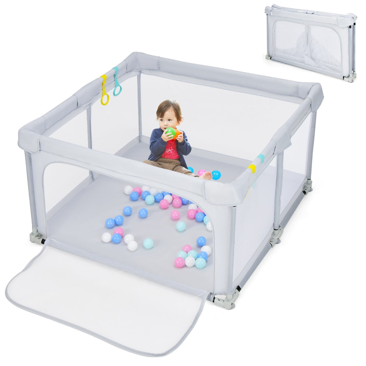 124 x 124 x 70 cm Foldable Baby Playpen Interactive Activity Center with Balls Pull Rings