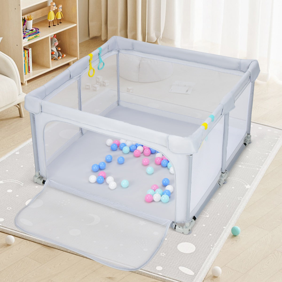 124 x 124 x 70 cm Foldable Baby Playpen Interactive Activity Center with Balls Pull Rings