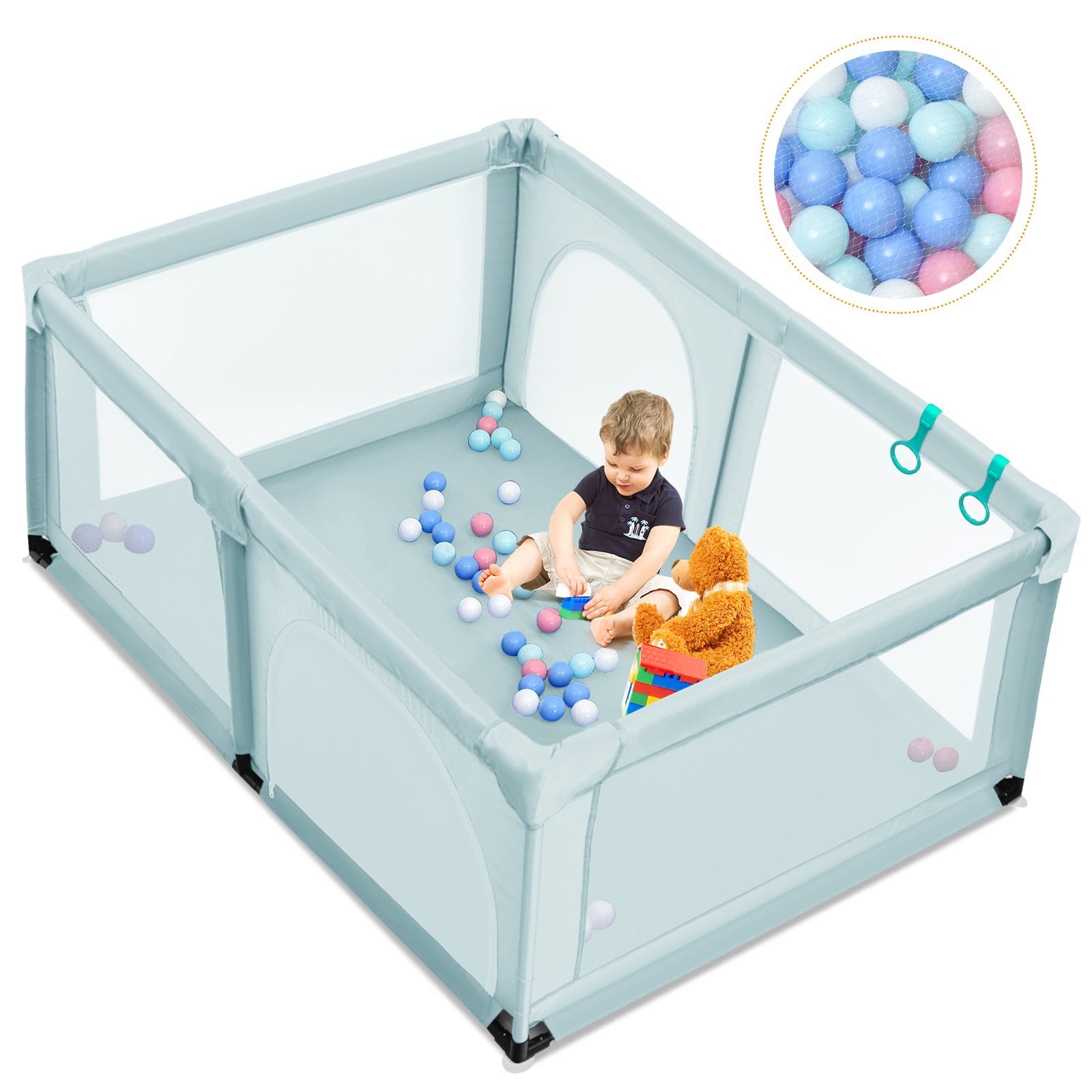 190 x 120 x 69 cm Large Baby Playpen with 50 Balls & Breathable Mesh Zipper Door