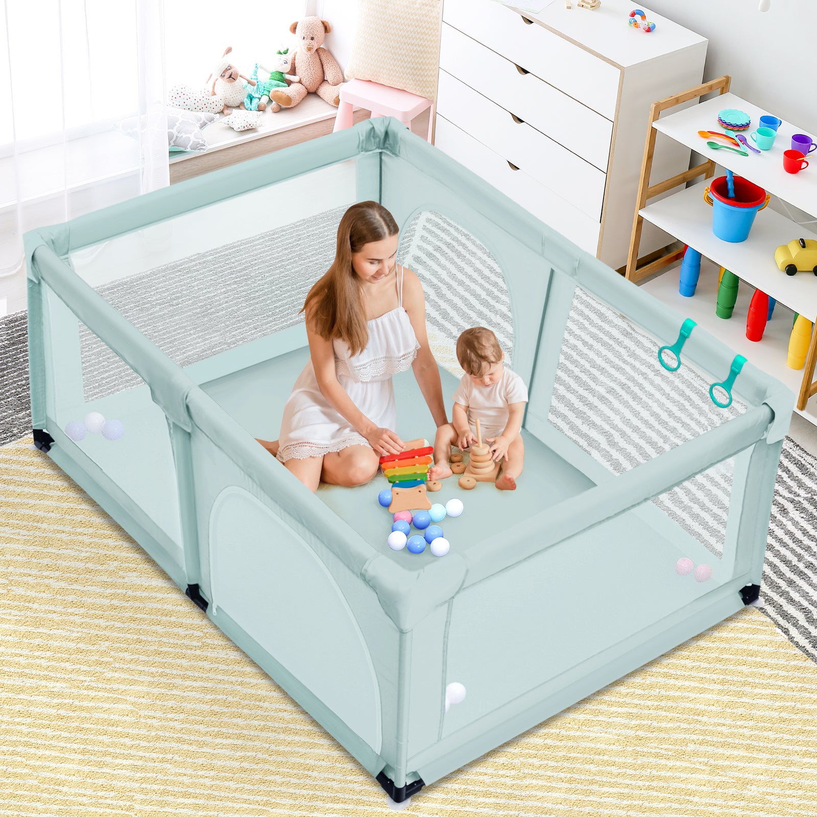 190 x 120 x 69 cm Large Baby Playpen with 50 Balls & Breathable Mesh Zipper Door