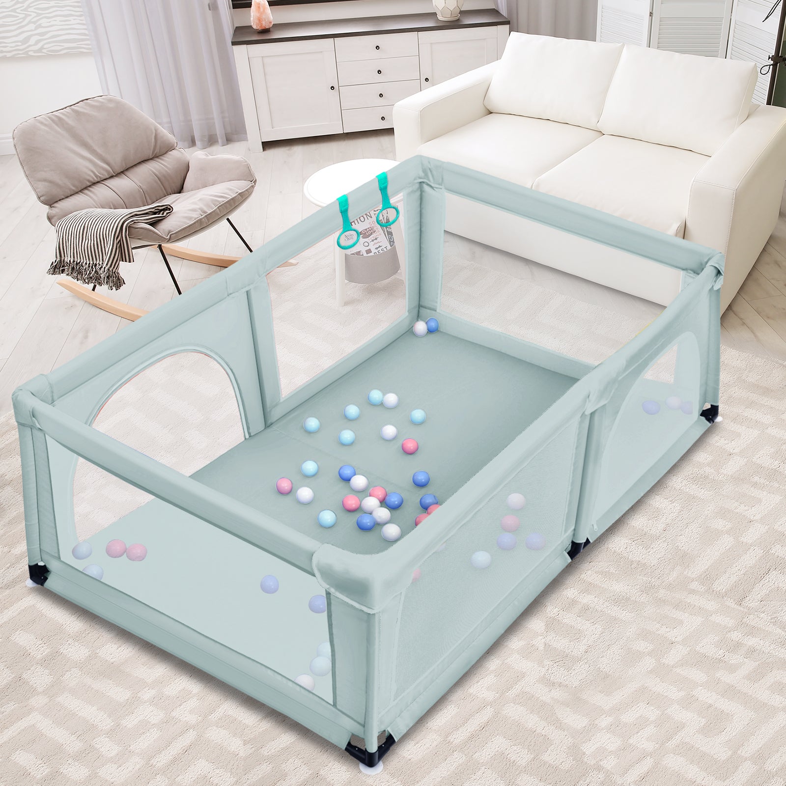 190 x 120 x 69 cm Large Baby Playpen with 50 Balls & Breathable Mesh Zipper Door