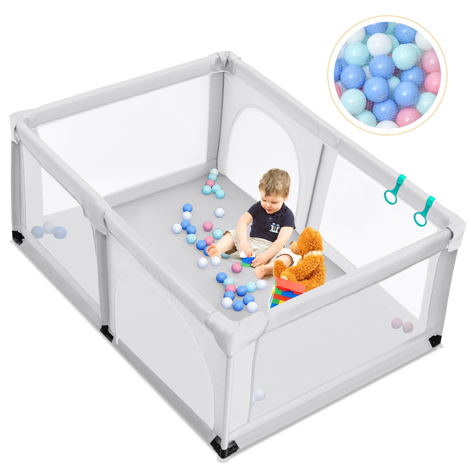 190 x 120 x 69 cm Large Baby Playpen with 50 Balls & Breathable Mesh Zipper Door