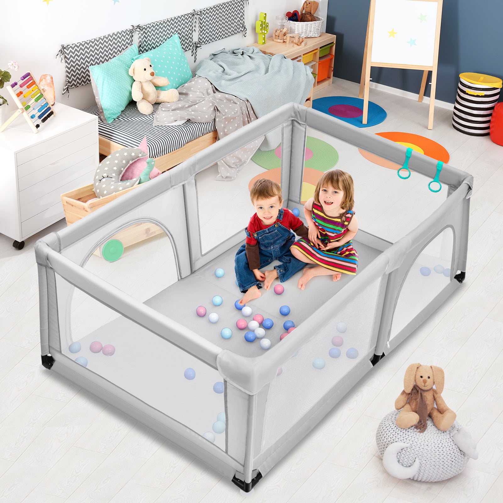 190 x 120 x 69 cm Large Baby Playpen with 50 Balls & Breathable Mesh Zipper Door