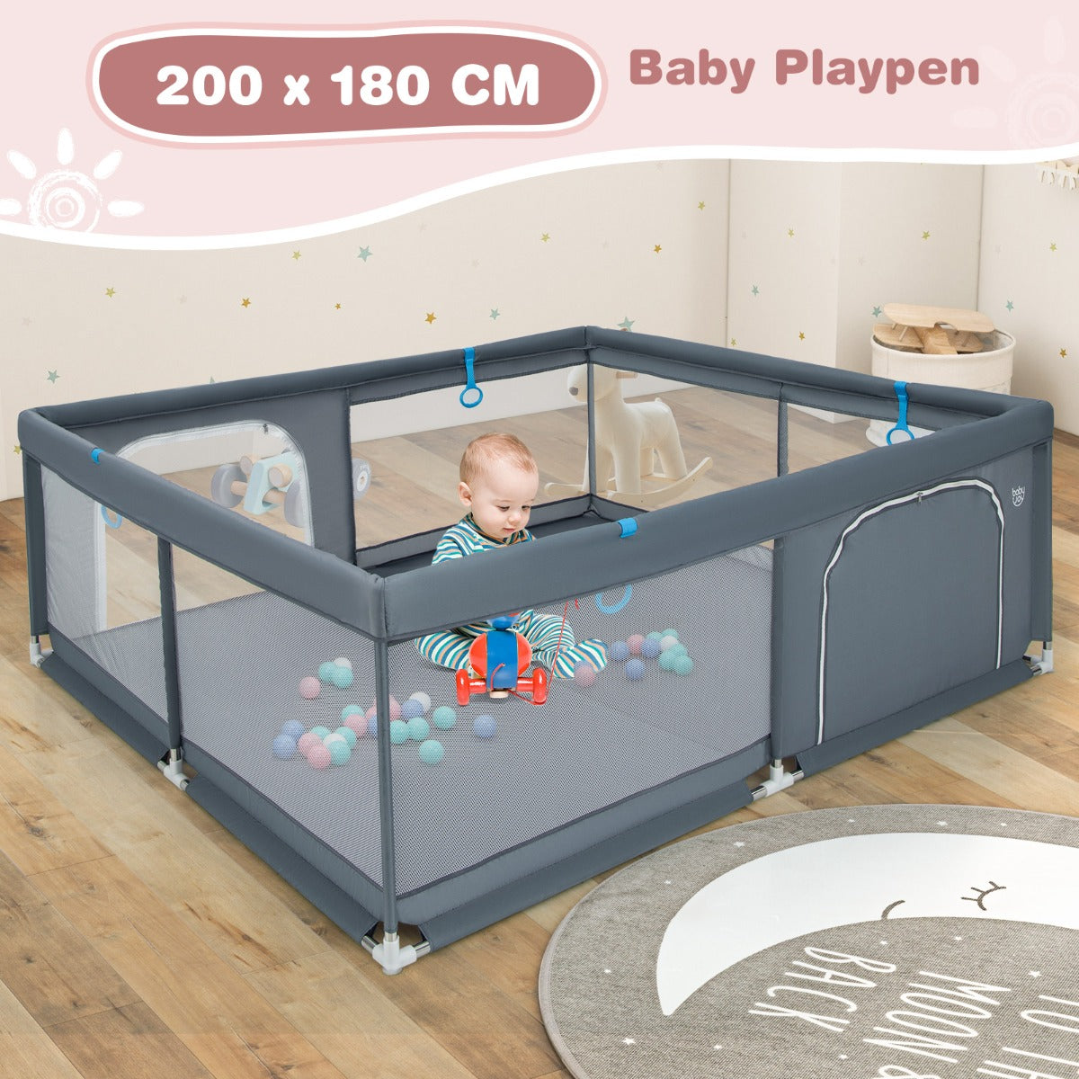 200 x 180 x 68 cm Baby Safety Playard with Soft Breathable Mesh