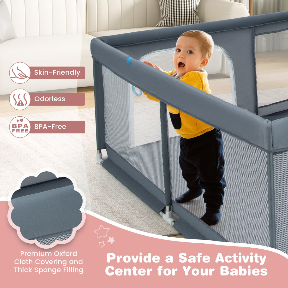 200 x 180 x 68 cm Baby Safety Playard with Soft Breathable Mesh