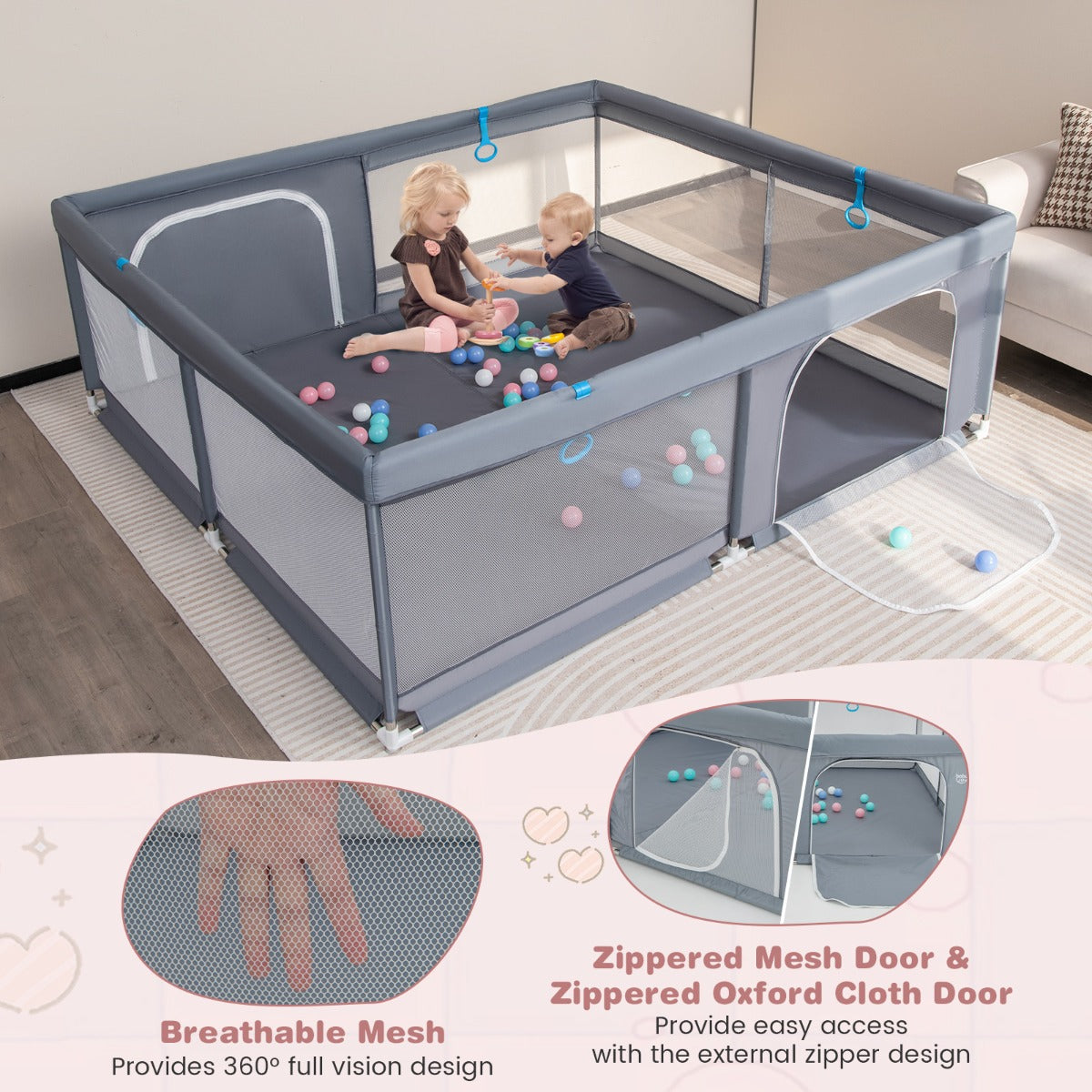 200 x 180 x 68 cm Baby Safety Playard with Soft Breathable Mesh