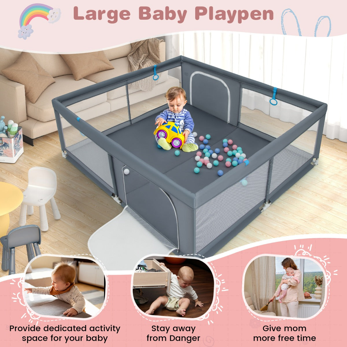 200 x 180 x 68 cm Baby Safety Playard with Soft Breathable Mesh