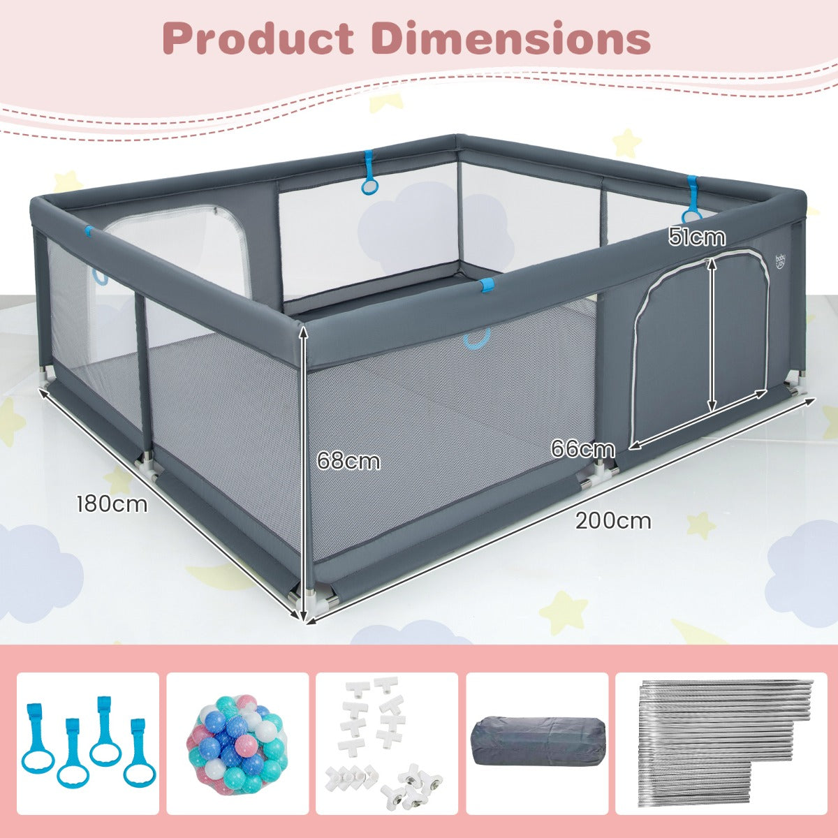 200 x 180 x 68 cm Baby Safety Playard with Soft Breathable Mesh