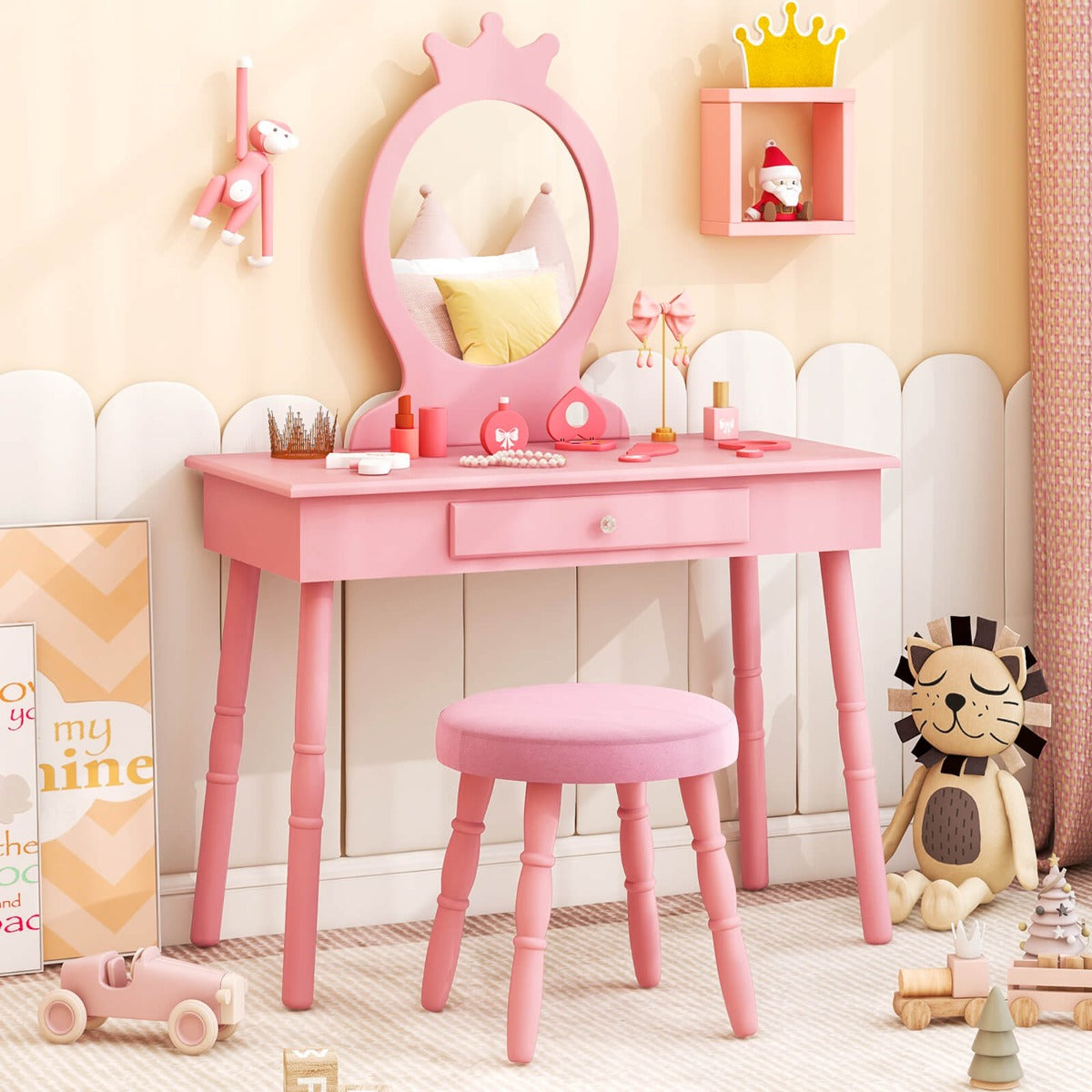 Vanity Makeup Table Set with Real Mirror for Little Girls