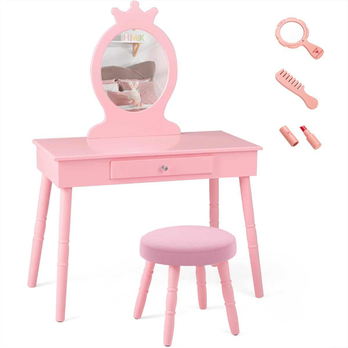 Vanity Makeup Table Set with Real Mirror for Little Girls