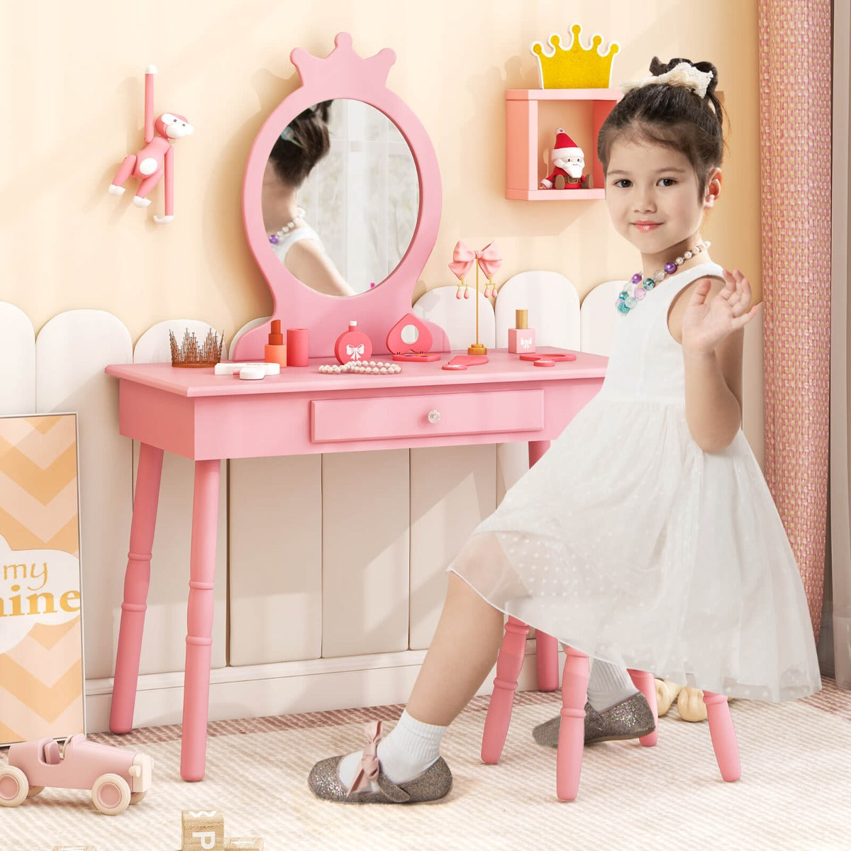 Vanity Makeup Table Set with Real Mirror for Little Girls