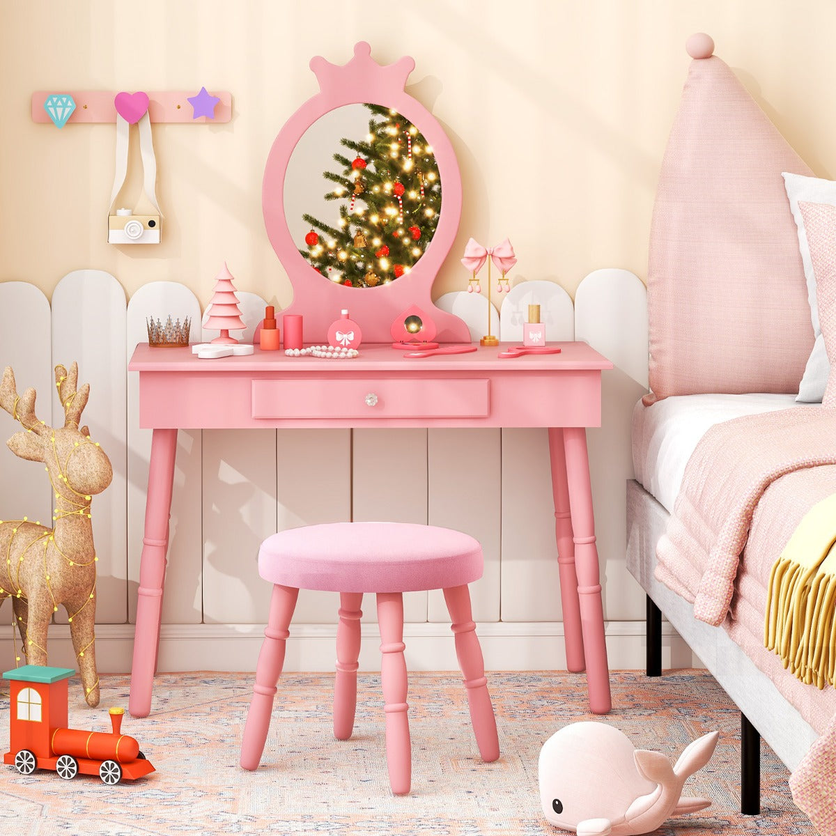 Vanity Makeup Table Set with Real Mirror for Little Girls