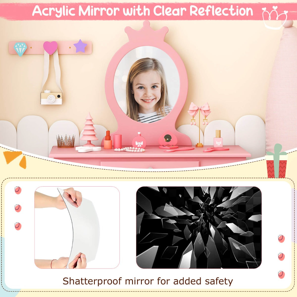 Vanity Makeup Table Set with Real Mirror for Little Girls