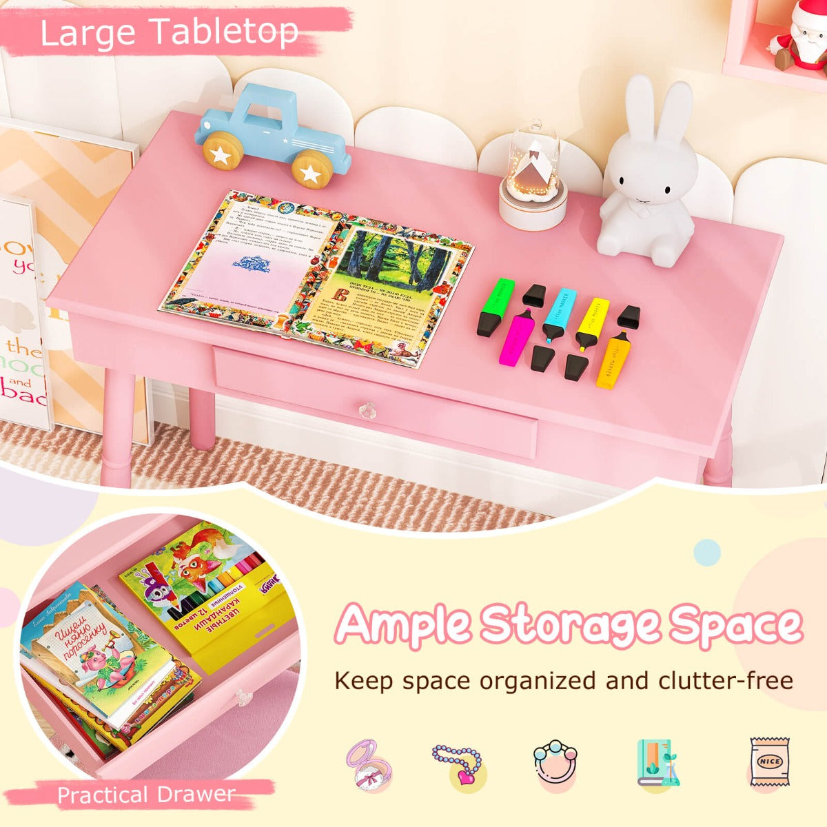 Vanity Makeup Table Set with Real Mirror for Little Girls