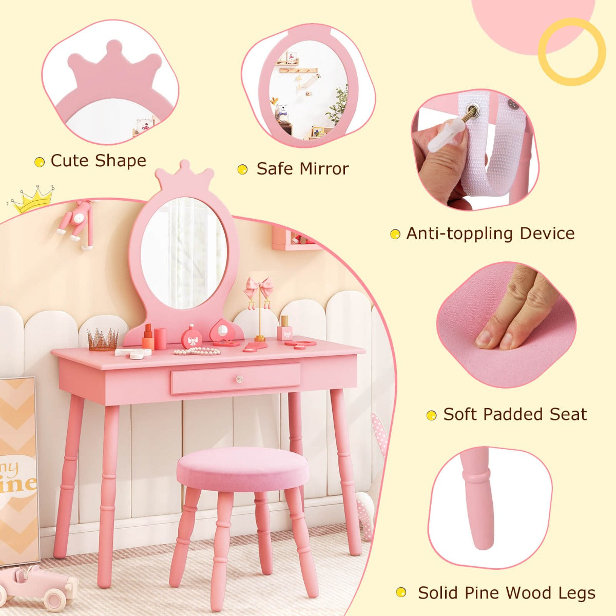 Vanity Makeup Table Set with Real Mirror for Little Girls