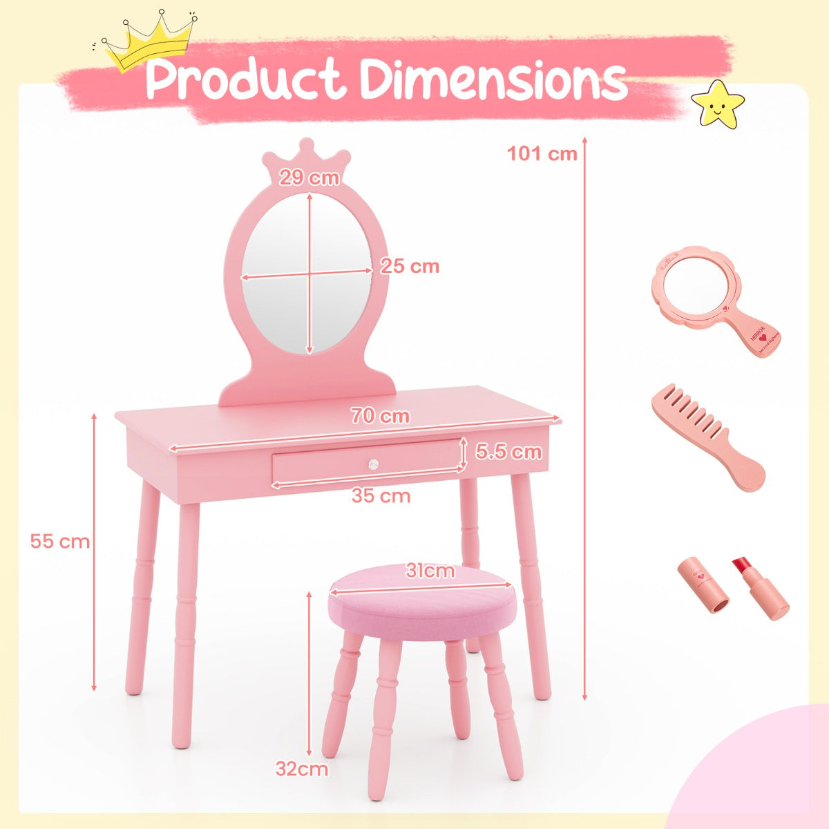 Vanity Makeup Table Set with Real Mirror for Little Girls