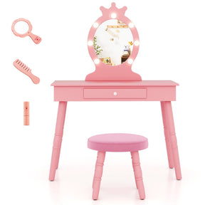 Kids Princess Makeup Vanity Set with LED Lighted Mirror and Stool