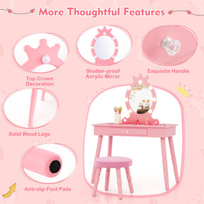 Kids Princess Makeup Vanity Set with LED Lighted Mirror and Stool