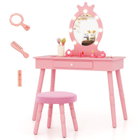 Kids Princess Makeup Vanity Set with LED Lighted Mirror and Stool