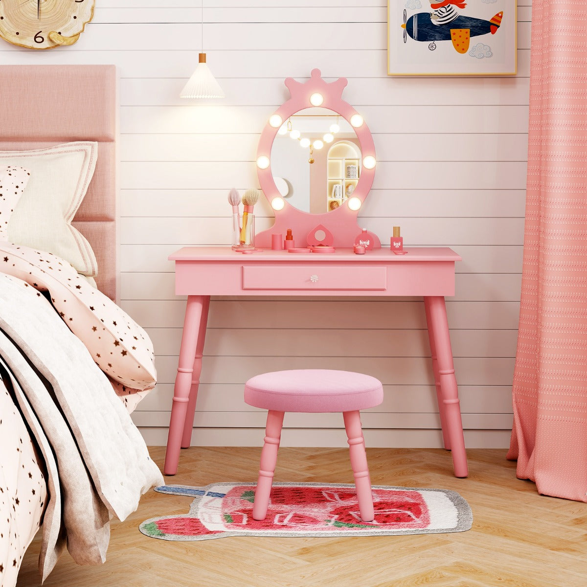 Kids Princess Makeup Vanity Set with LED Lighted Mirror and Stool