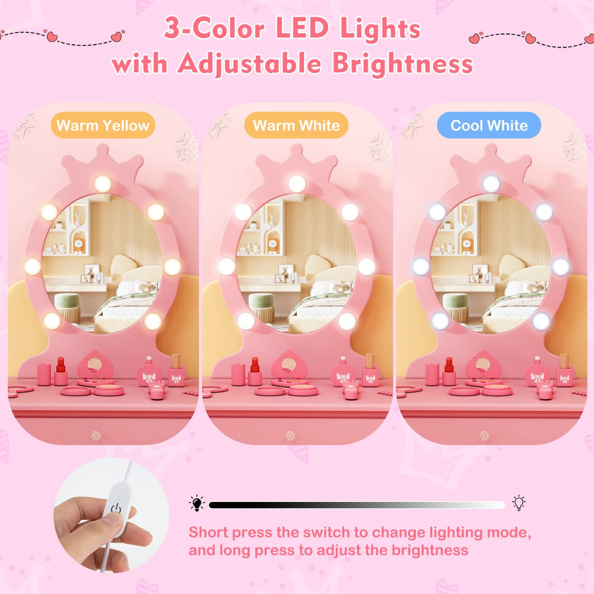 Kids Princess Makeup Vanity Set with LED Lighted Mirror and Stool