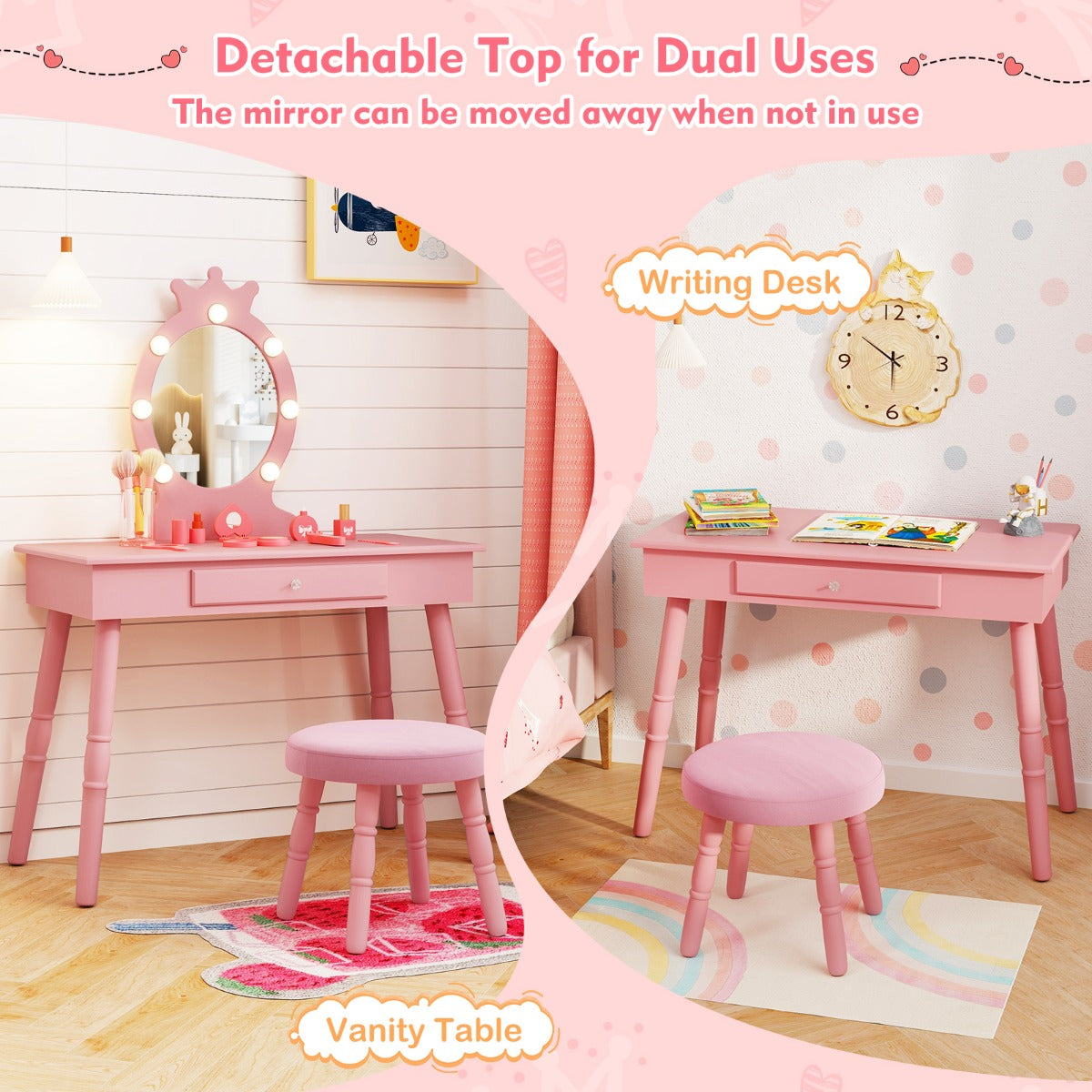 Kids Princess Makeup Vanity Set with LED Lighted Mirror and Stool
