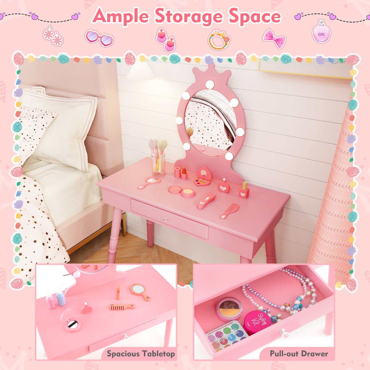 Kids Princess Makeup Vanity Set with LED Lighted Mirror and Stool