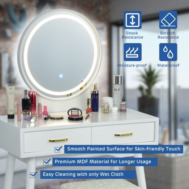 Vanity Set with Rounded and Lighted Mirror in 3 Light Colors
