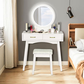 Vanity Set with Rounded and Lighted Mirror in 3 Light Colors