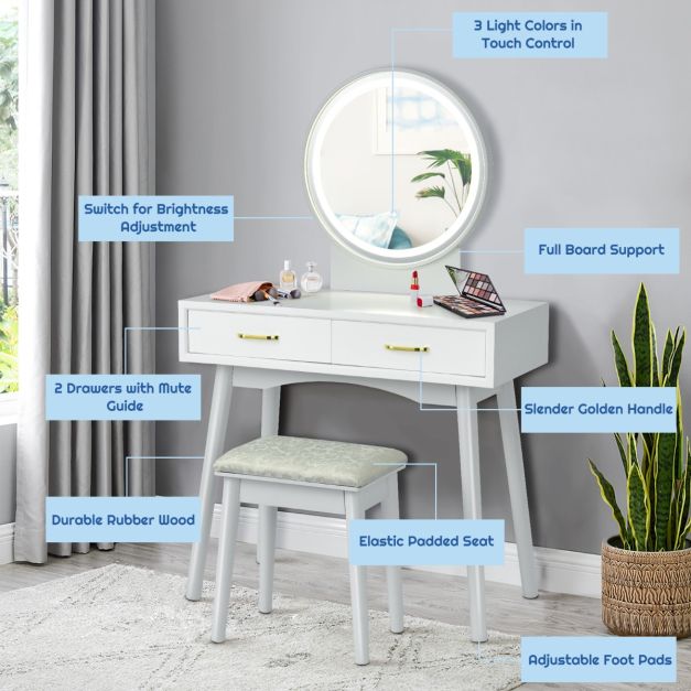 Vanity Set with Rounded and Lighted Mirror in 3 Light Colors