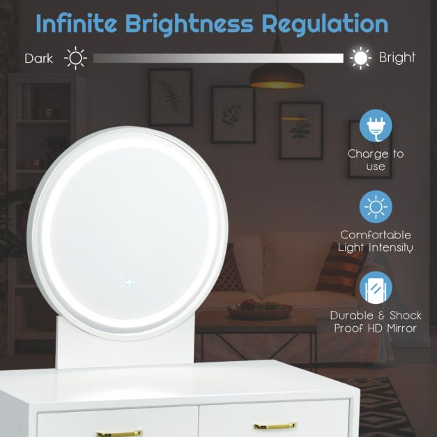 Vanity Set with Rounded and Lighted Mirror in 3 Light Colors
